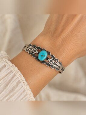 Vintage Coin Silver Thunderbird Cuff Bracelet Turquoise Blue Stone Arrow Stamped